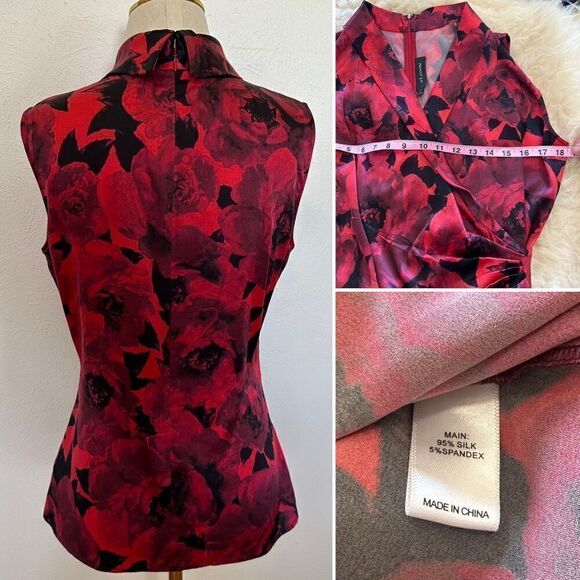 St. John Silk Stretch Red Floral Satin Blouse - Picture 3 of 5
